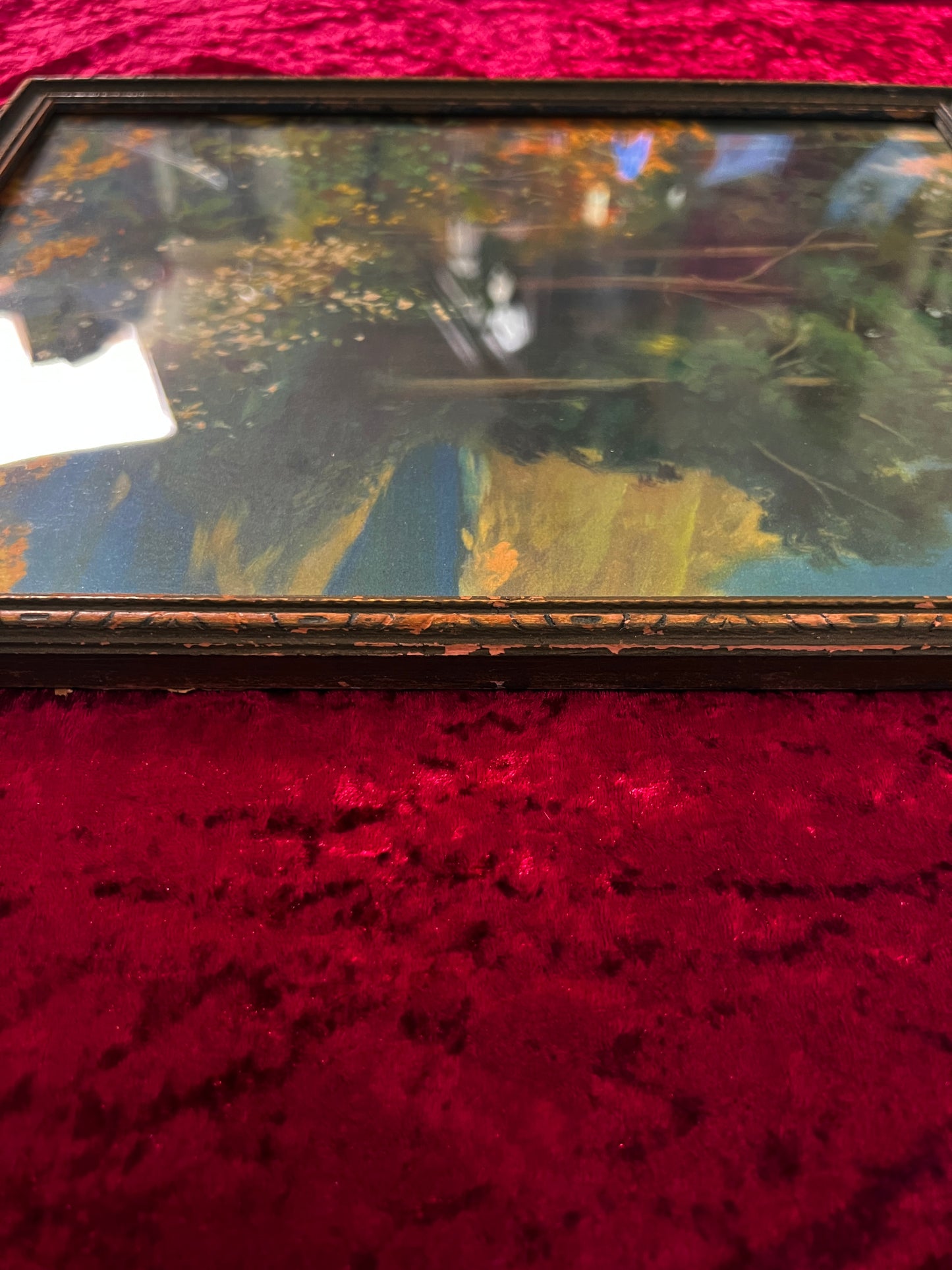 Vintage Framed Landscape Print - Woodland Lakeside Impressionist Scene