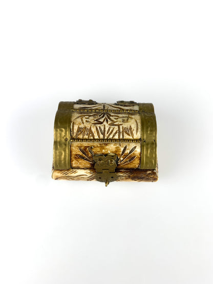 Vintage Bone & Brass Miniature Treasure Chest with Carved Elephants