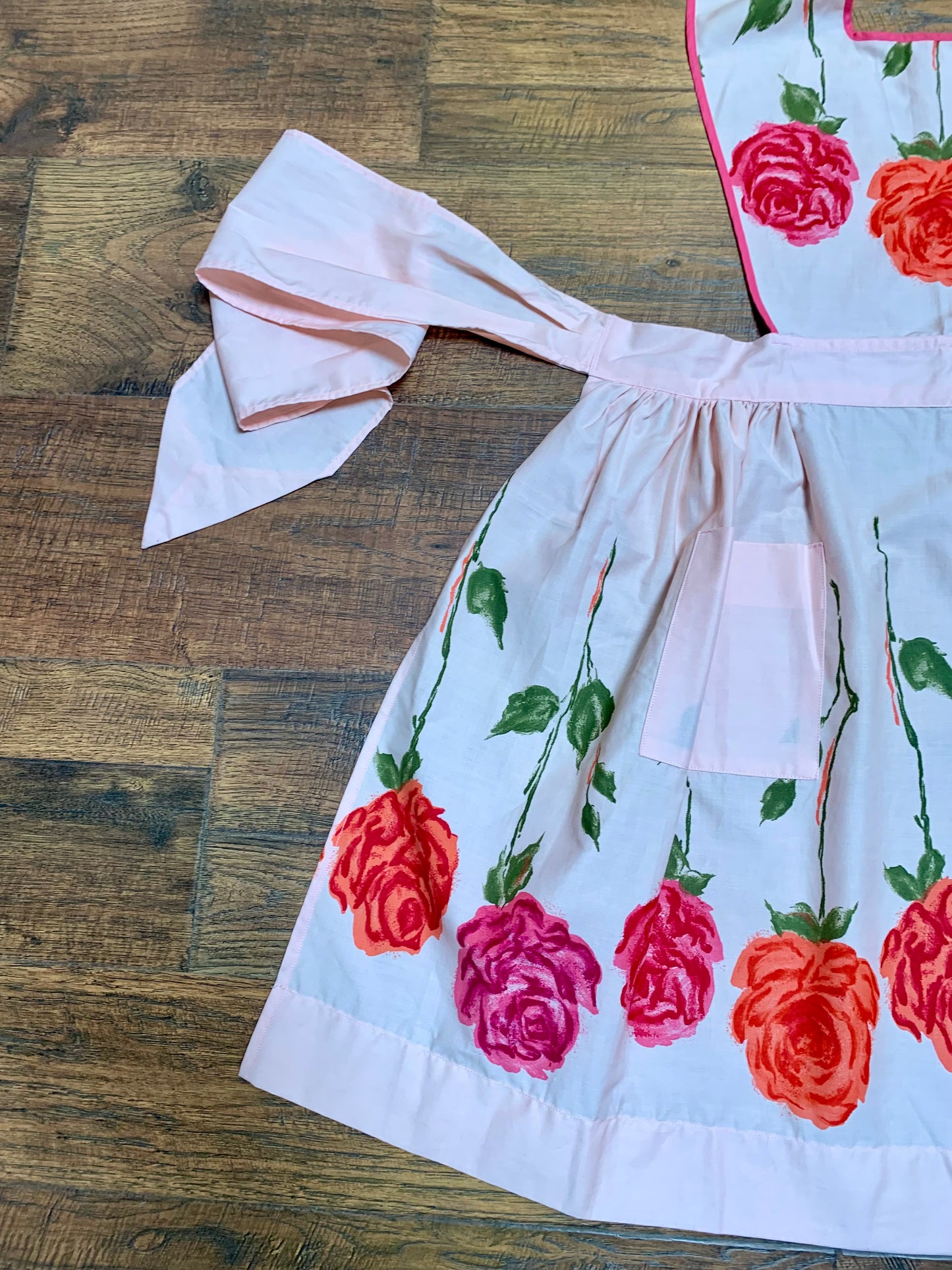 Vintage Pinafore Apron - Pink with Red Roses