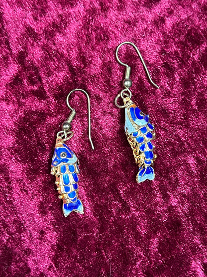 Vintage Jewelry - Drop Earrings - Gold Tone Metal - Articulated Enamel Koi Fish