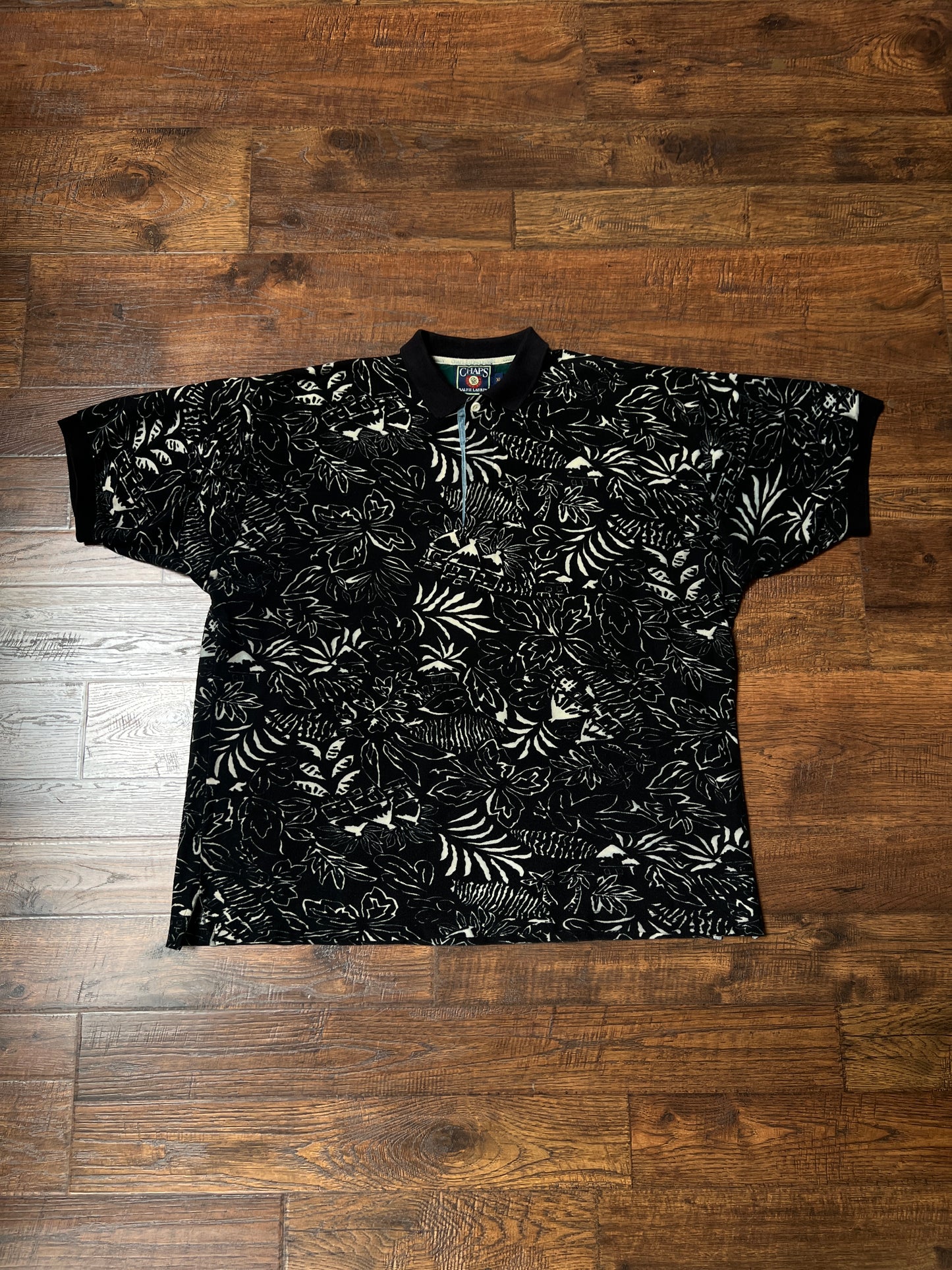 Vintage 1990s Chaps Ralph Lauren Cotton Polo Shirt – Black Tropical Print – X-Large