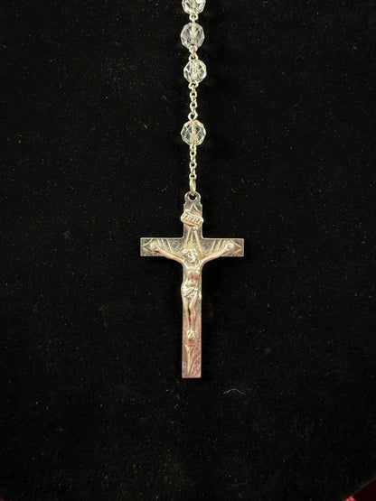 Vintage Jewelry - Italian Rosary - Sterling Silver - Clear Faceted Beads - 24”