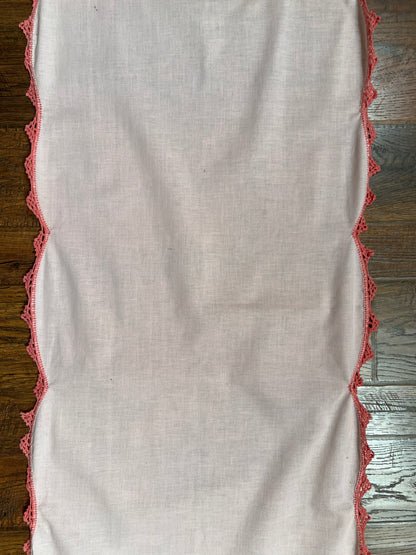 Vintage Linens - Table Runner with Lace Trim - Pink with Red Rose