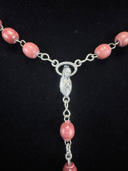 Vintage Wood Bead Catholic Rosary - Red Stained Beads with Ornate Crucifix