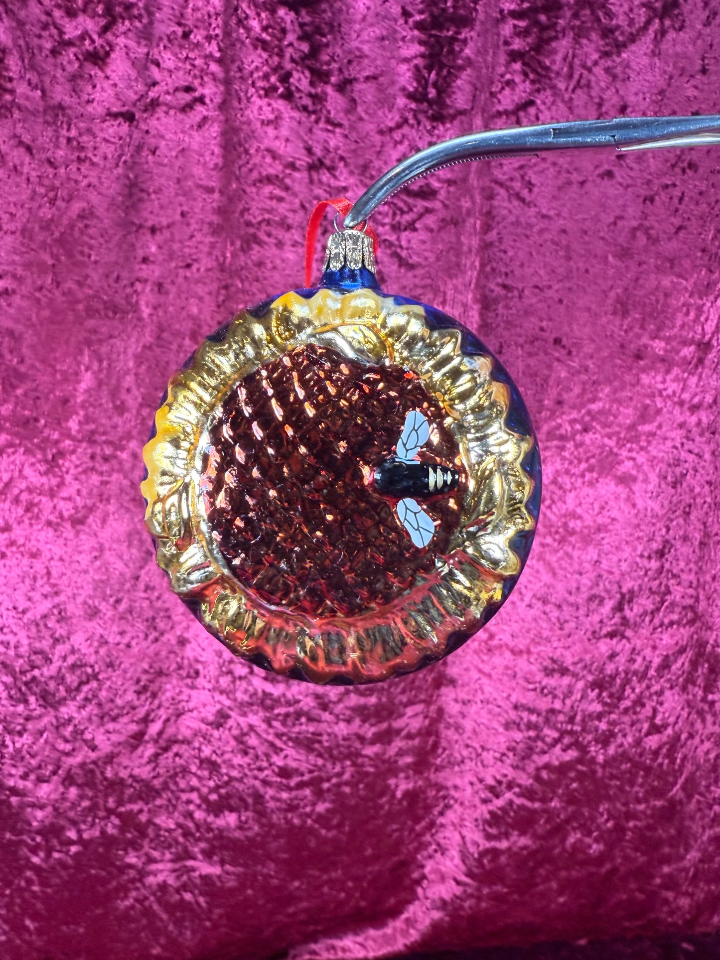 Vintage Christmas - Handblown Glass Ornament - Bumble Bee on Sunflower - Czech Republic