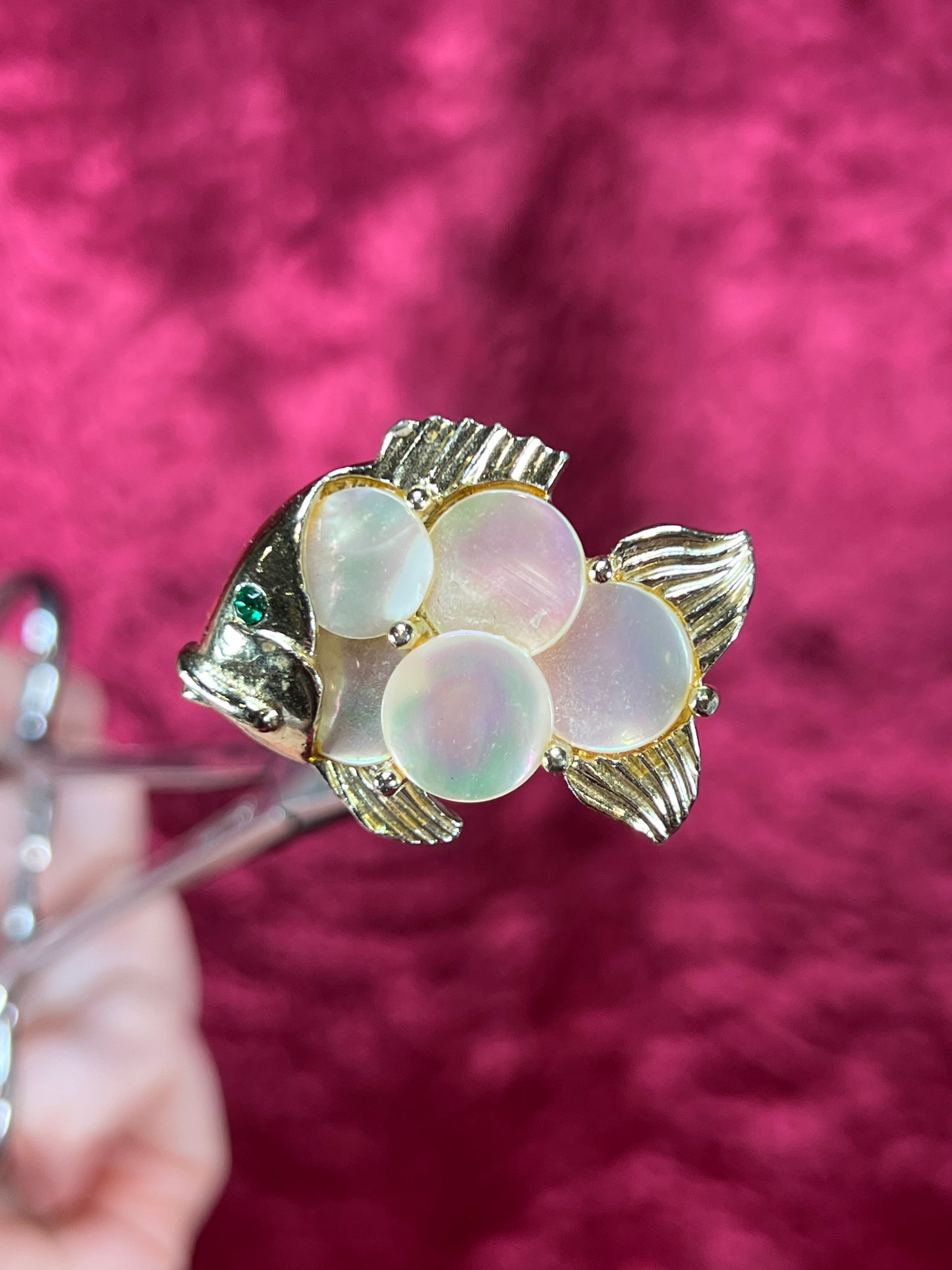 Vintage Jewelry - Brooch - Gold Tone Fish - Green Rhinestone Eye - Mother of Pearl Scales