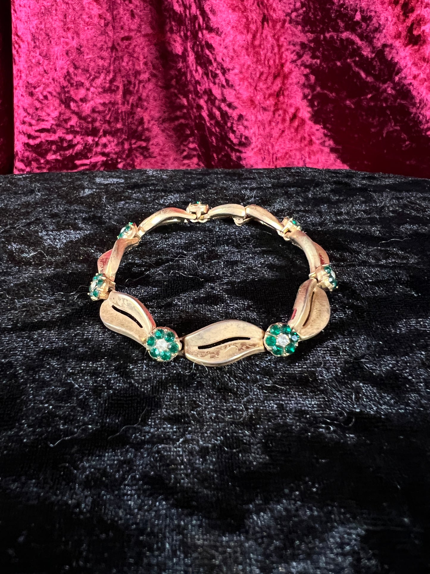 Vintage Gold Tone Trifari Bracelet - Green Rhinestone Floral Link Design