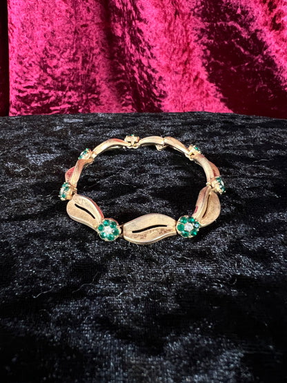 Vintage Gold Tone Trifari Bracelet - Green Rhinestone Floral Link Design