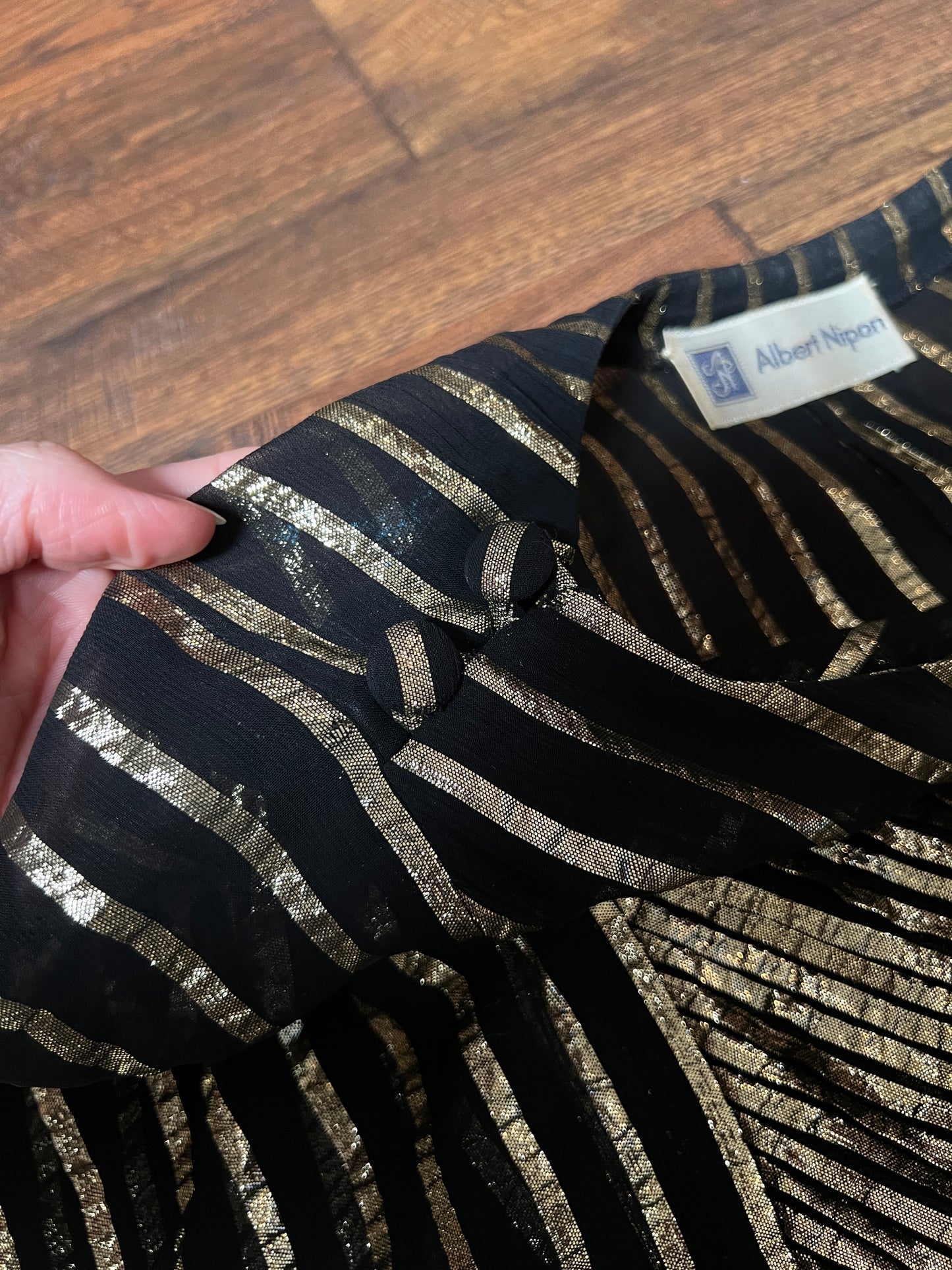Vintage Albert Nipon Maxi Dress -  Metallic Gold  Sheer Black Butterfly Sleeve Gown - Medium