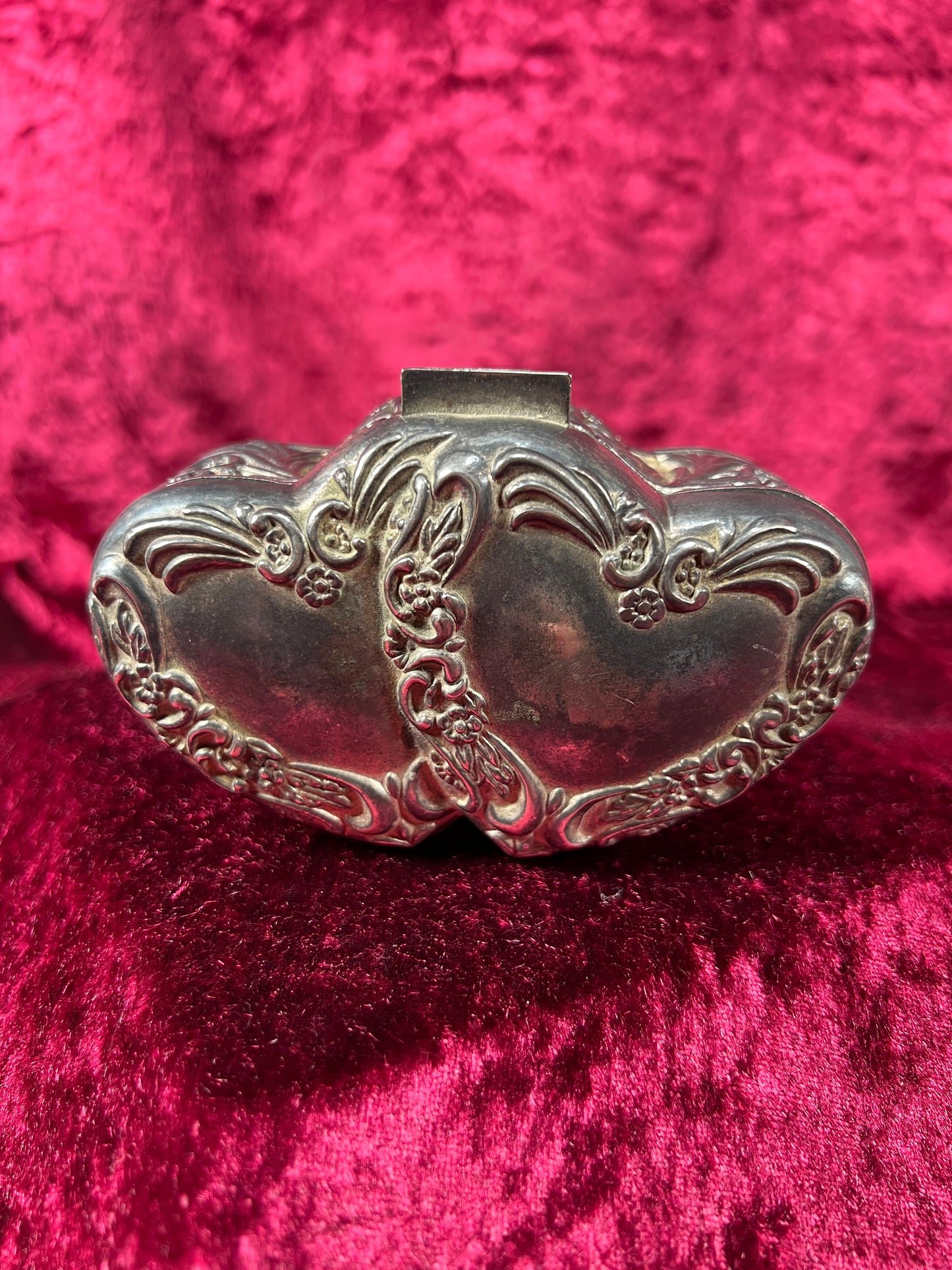 Vintage Jewelry Box - Antique Silver Patina - Double Hearts with Floral Filigree - Red Velvet Lining
