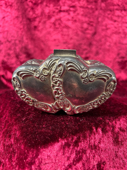 Vintage Jewelry Box - Antique Silver Patina - Double Hearts with Floral Filigree - Red Velvet Lining