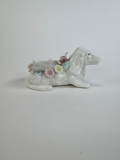 Vintage White Dachshund Dog Porcelain Pin Cushion - Blue Yellow Pink Flowers