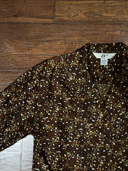 Vintage FY2 100% Silk Blouse - Brown Cheetah Animal Print Button Front - Size Medium