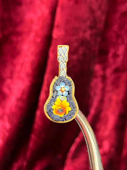 Vintage Jewelry - Brooch - Italian Micro Mosaic - Floral Banjo - Blue and Red - Made In Italy
