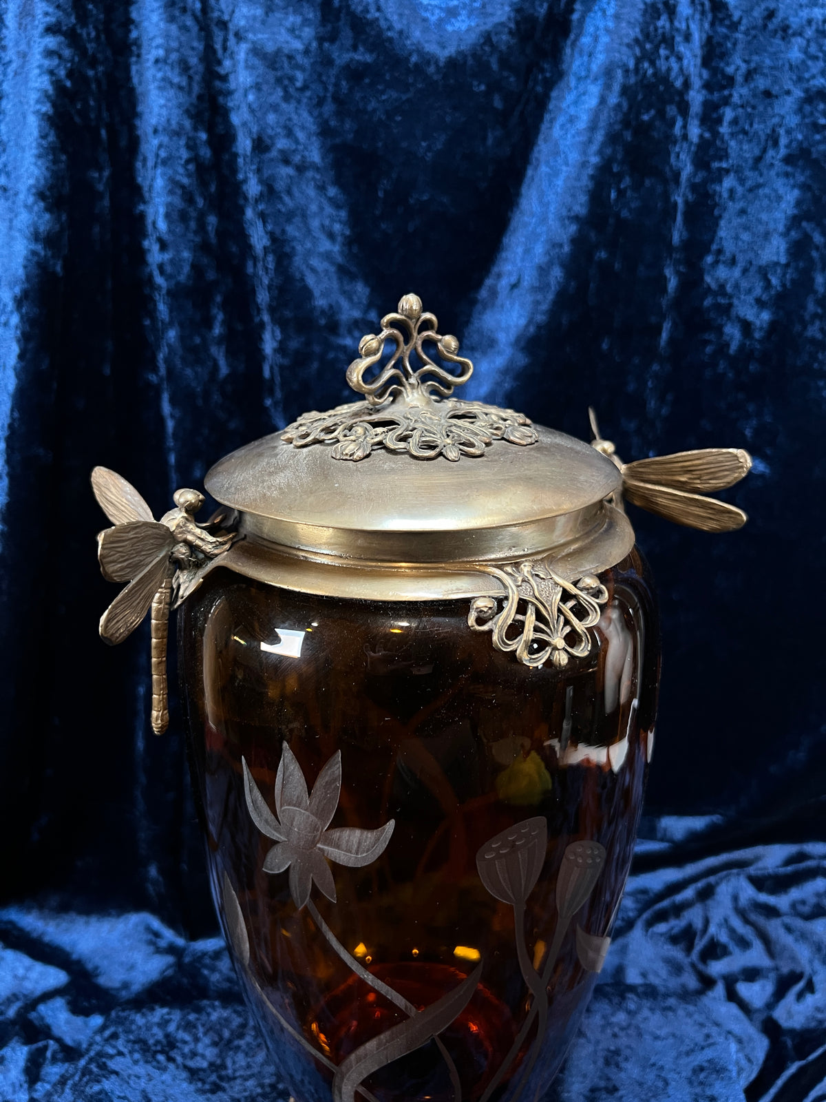 Vintage Art Nouveau Revival Opium Jar - Etched Poppies on Amber Glass - Castilian Poland