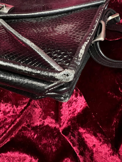 Vintage Y2K Black Leather Shoulder Bag - Reptile Embossed Patchwork Purse