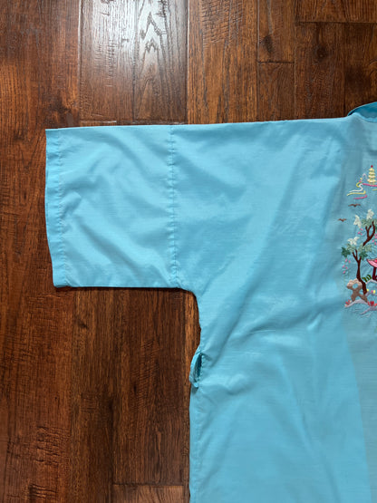 Vintage Jodie Arden Kimono Robe – Blue Embroidered Pagoda Asian Motif