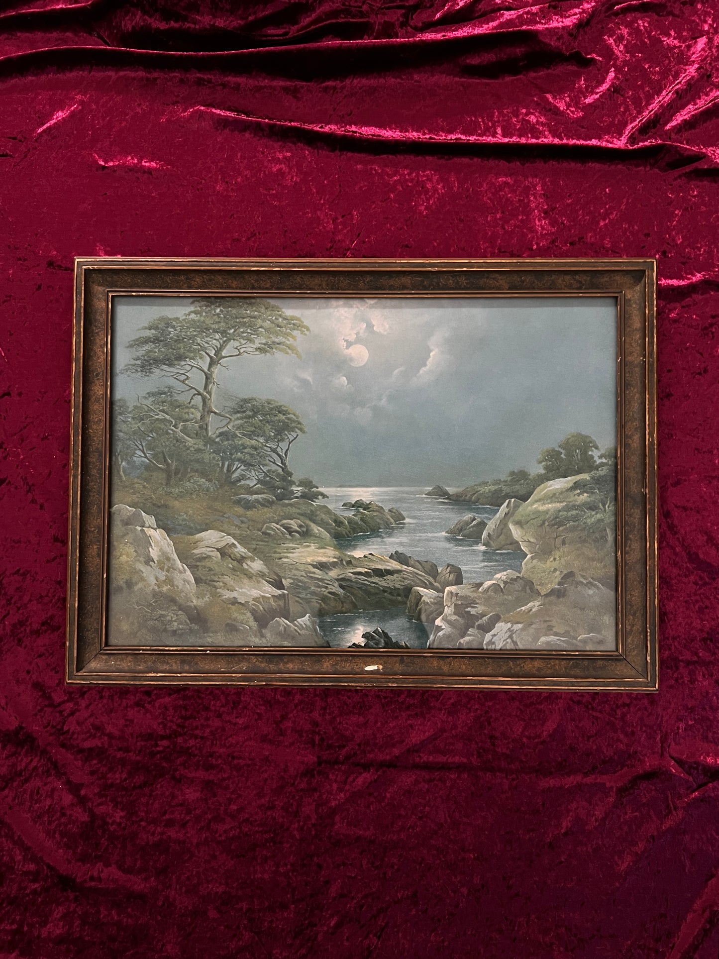 Vintage Framed Landscape Lithograph - Moonlit Coastal Scene Atkinson Fox Style