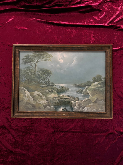 Vintage Framed Landscape Lithograph - Moonlit Coastal Scene Atkinson Fox Style