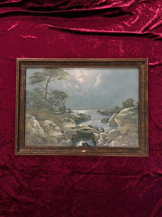 Vintage Framed Landscape Lithograph - Moonlit Coastal Scene Atkinson Fox Style