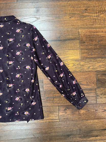 Vintage Clothing - 1970s Polyester Tie-Neck Blouse - Flower Clusters on Purple - Ecco Bay - Medium