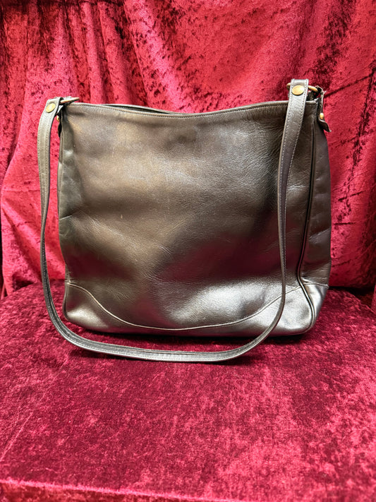 Vintage Accessories - Crossbody Hobo Bag - Black Leather with Brass Hardware