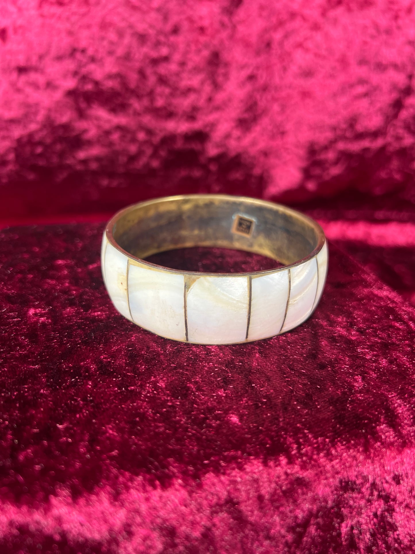 Vintage Jewelry - Cuff Bracelet - Brass - Oyster Shell Inlay - Made In India