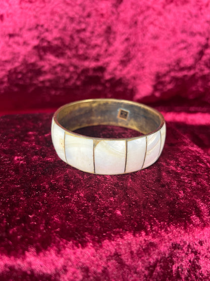Vintage Jewelry - Cuff Bracelet - Brass - Oyster Shell Inlay - Made In India