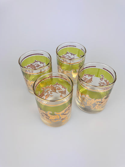 Vintage Libbey Glass Company Lowball Glasses - Green & Gold Filigree - Set of 4