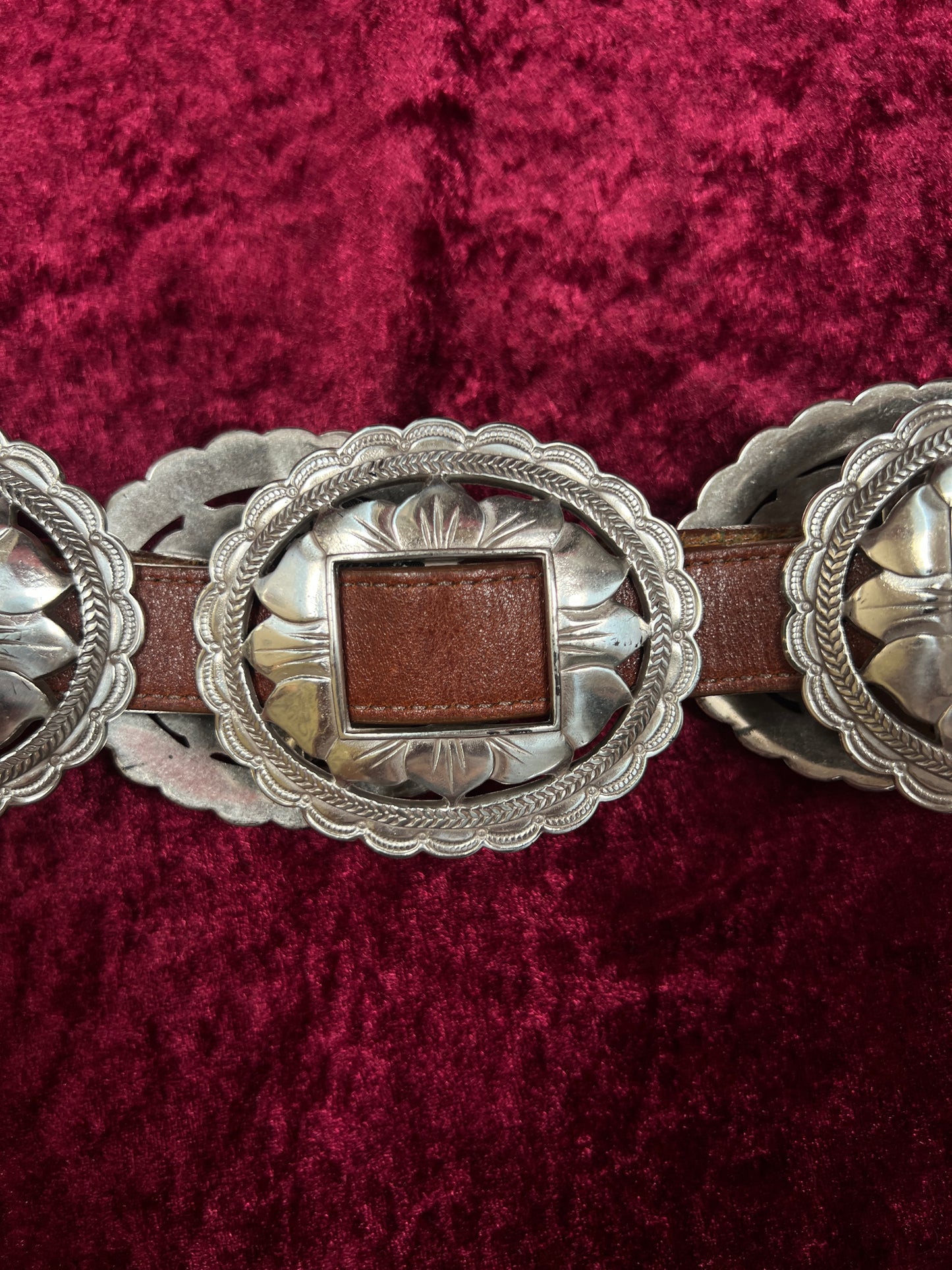 Vintage Brighton Leather Concho Belt - Silver Sunflower Western Belt USA Made - 29.5-33.5"