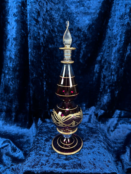 Vintage Ruby Red and Gold Glass Perfume Bottle - Egyptian Decanter with Stopper