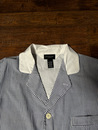 Vintage Christian Dior Monsieur Cotton Blend Pajama Shirt - Blue Pinstripe Top - X-Large