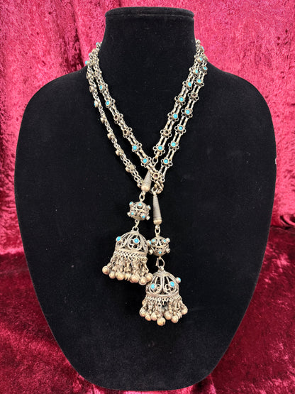 Vintage Tribal Statement Necklace – Turquoise Accent Jhumka Tassel Adornment