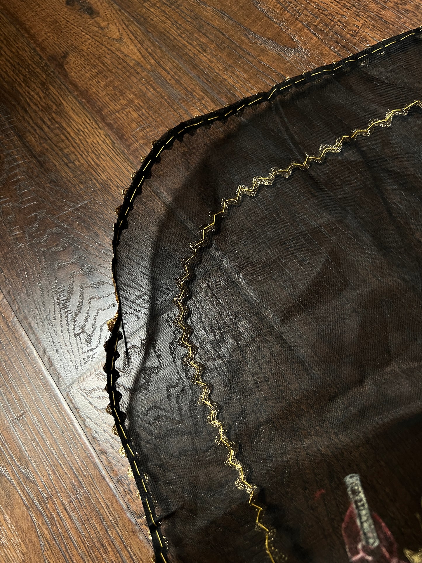 Vintage Mid Century Sheer Black Half Apron — Hand Painted Martini Cigarette with Gold Trim