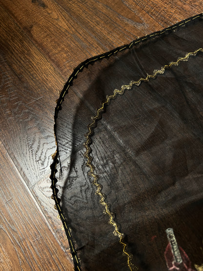Vintage Mid Century Sheer Black Half Apron — Hand Painted Martini Cigarette with Gold Trim