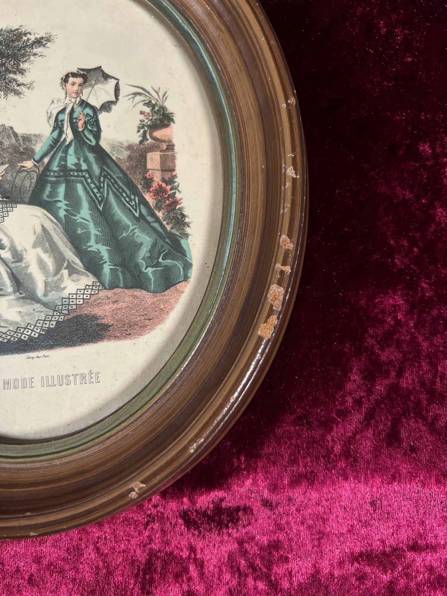 Vintage Oval Wood Framed Print - La Mode Illustrée Victorian Fashion Portrait