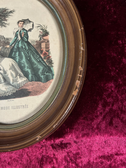 Vintage Oval Wood Framed Print - La Mode Illustrée Victorian Fashion Portrait