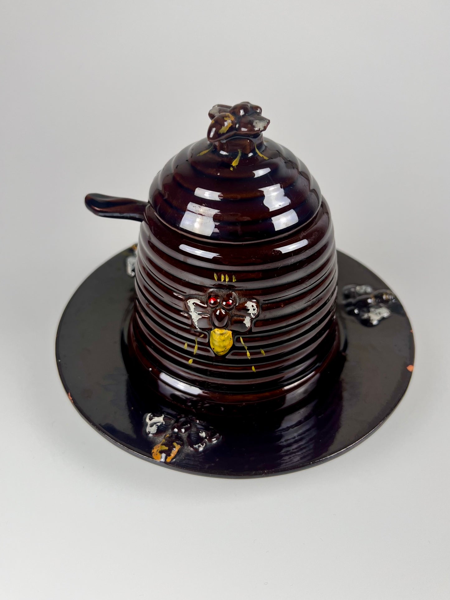 Vintage Lustreware Beehive Honey Pot & Plate | Dark Brown & Purple Glaze