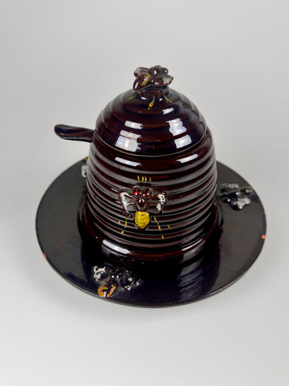 Vintage Lustreware Beehive Honey Pot & Plate | Dark Brown & Purple Glaze