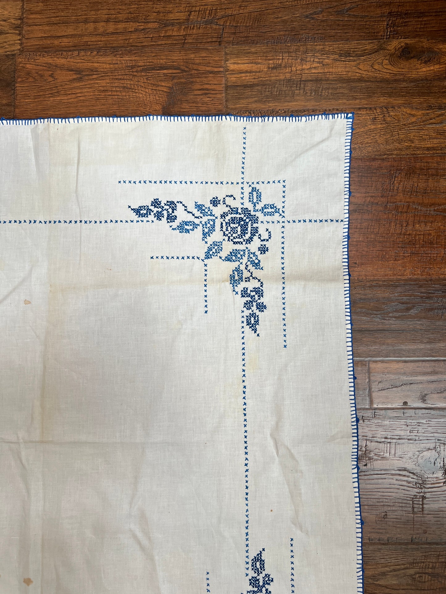 Vintage Linens - Square Tablecloth - Embroidered Blue Roses - 40” X 39.5”