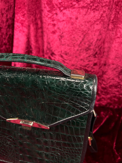 Vintage Emerald Green Leather Crossbody Bag - Croc Embossed Top Handle Purse