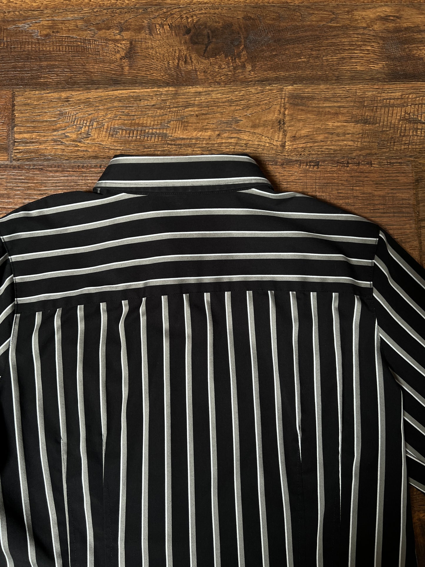 Vintage Foxcroft Fitted Blouse - Black Grey Striped Pleated Waist - Size Large