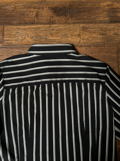 Vintage Foxcroft Fitted Blouse - Black Grey Striped Pleated Waist - Size Large