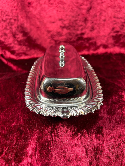 Vintage Kitchen - Covered Butter Dish - Silver Metal with Glass Insert - Ornate Edging