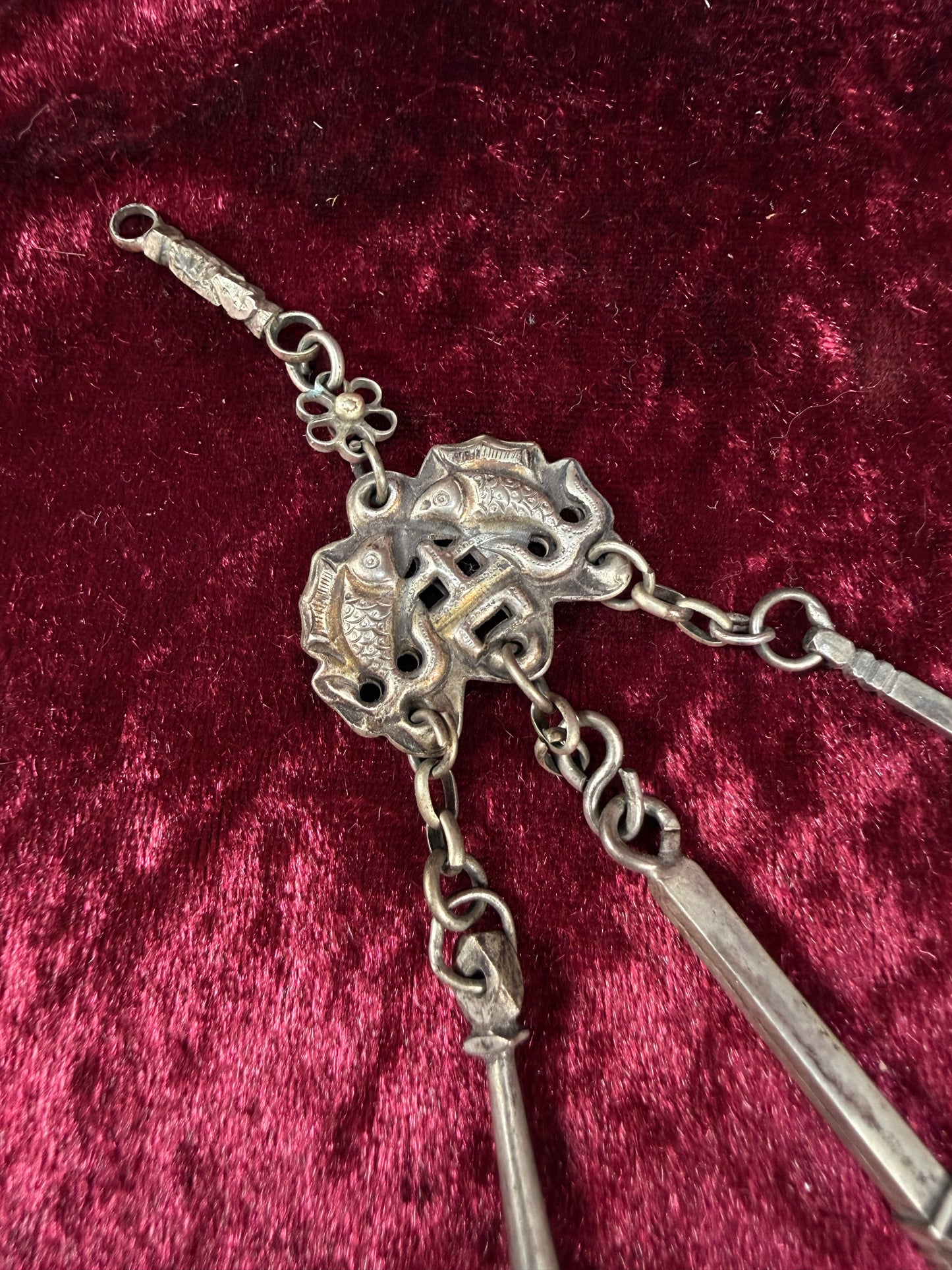 Antique Sterling Silver Opium Chatelaine – Twin Koi Fish and Monkey - Late Qing Dynasty