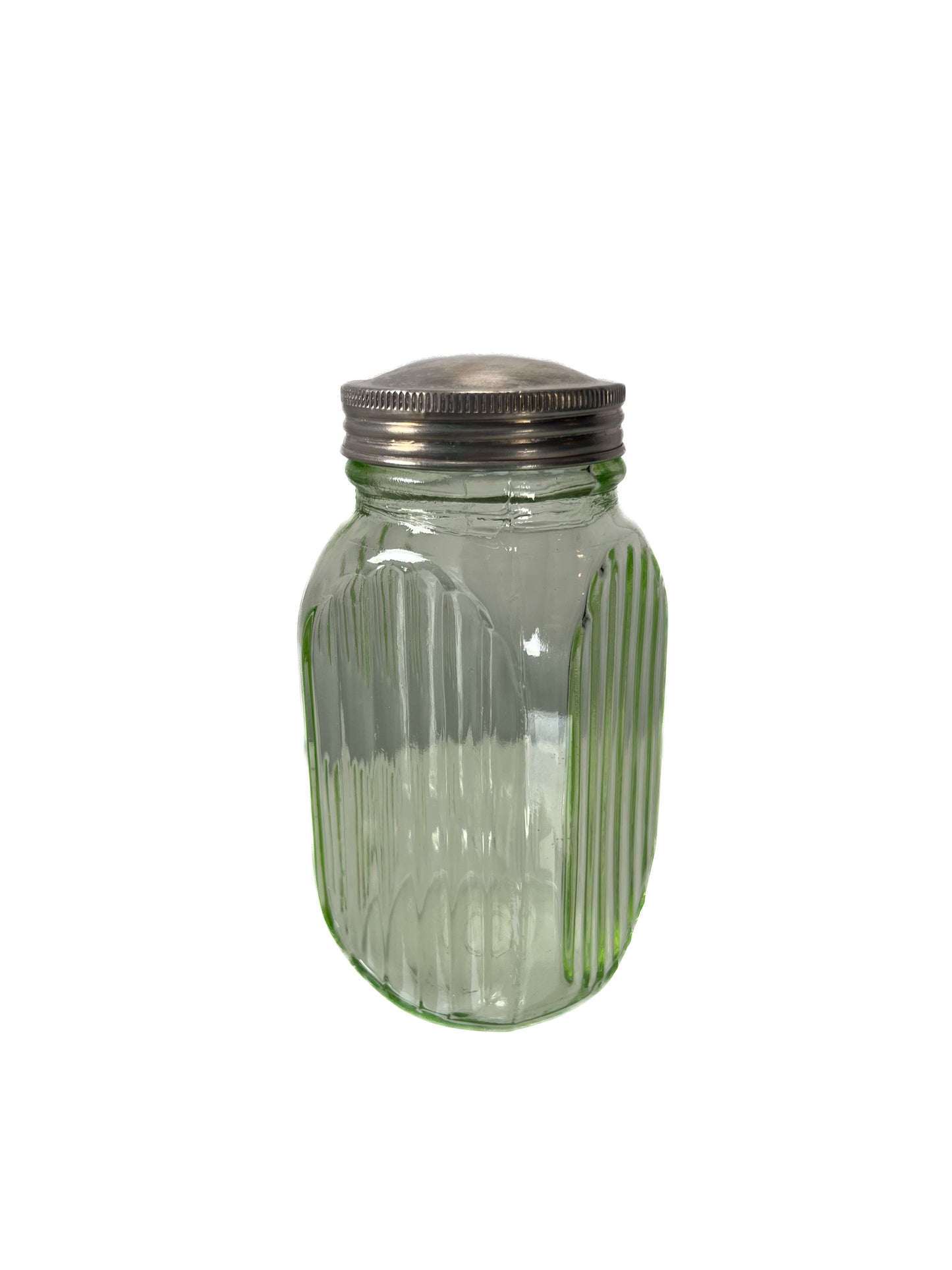 Vintage Uranium Glass - Ribbed Spice Jar with Original Lid - Depression Era