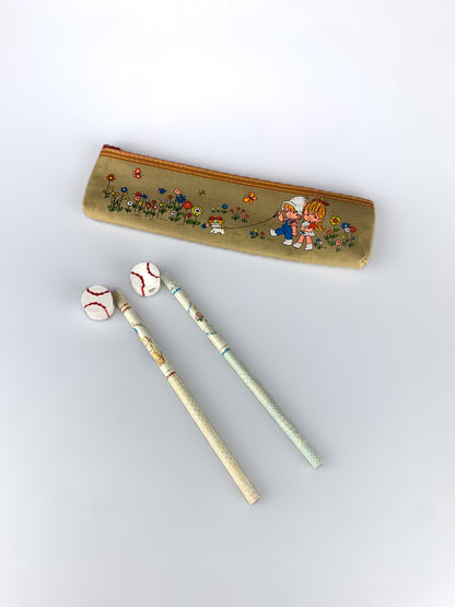 Rare Vintage 1980s Kutsuwa Beautiful Sunday Pencil Case with Original Pencils & Erasers - Japan