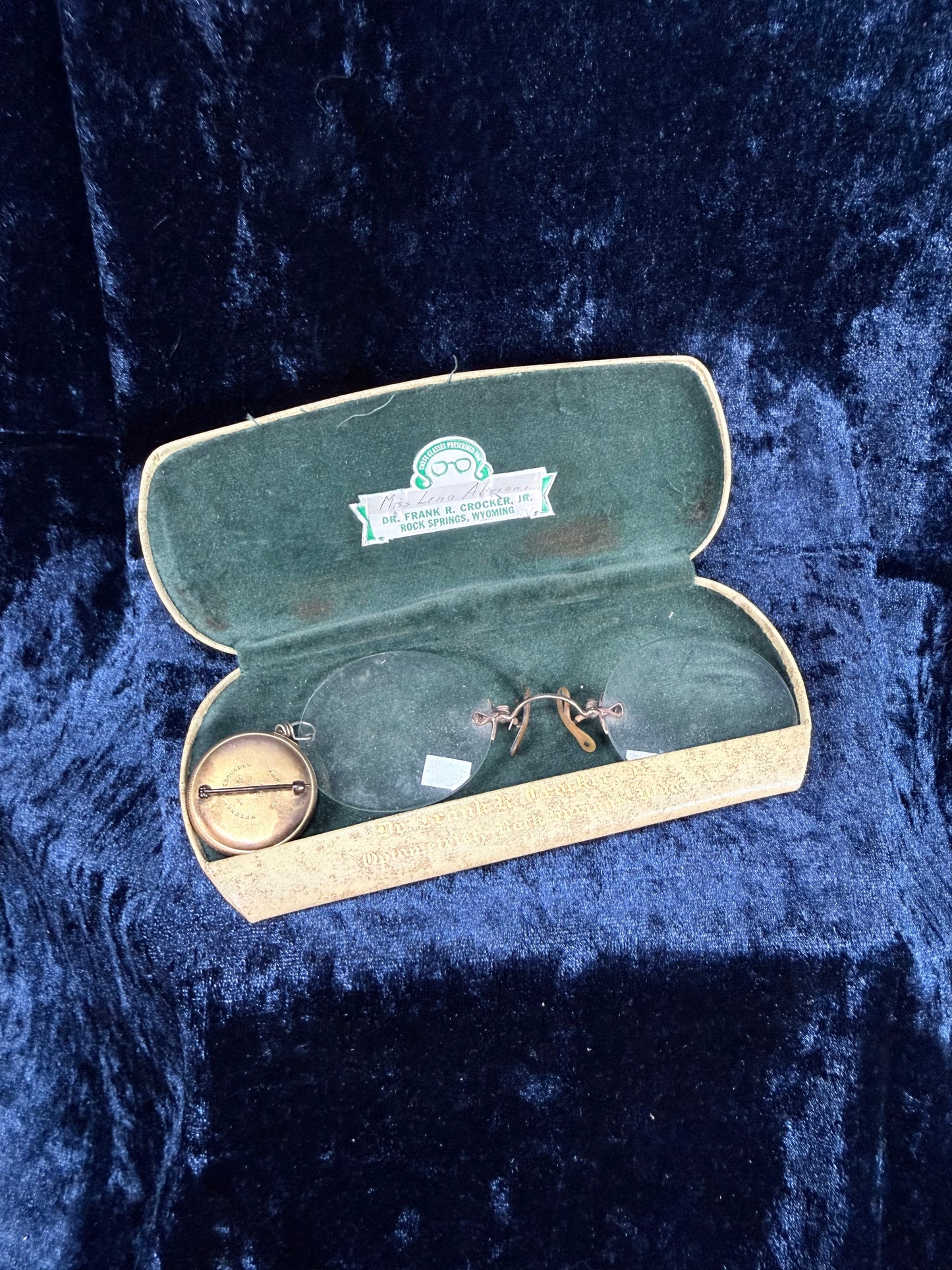 Antique Metal Jewel Pince-Nez Eyeglasses – Retractable Chain Brooch with Case