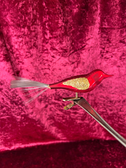 Vintage Christmas - Glass Clip-On Ornament - Bright Red Cardinal with Nylon Hair Tail