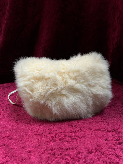Vintage Real Rabbit Fur Hand Muff - Ivory Plush Hand Warmer with Shoulder Strap